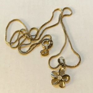 ACI Sterling Silver Necklace Box Chian Flower Pendant Charm Rhinestone 925